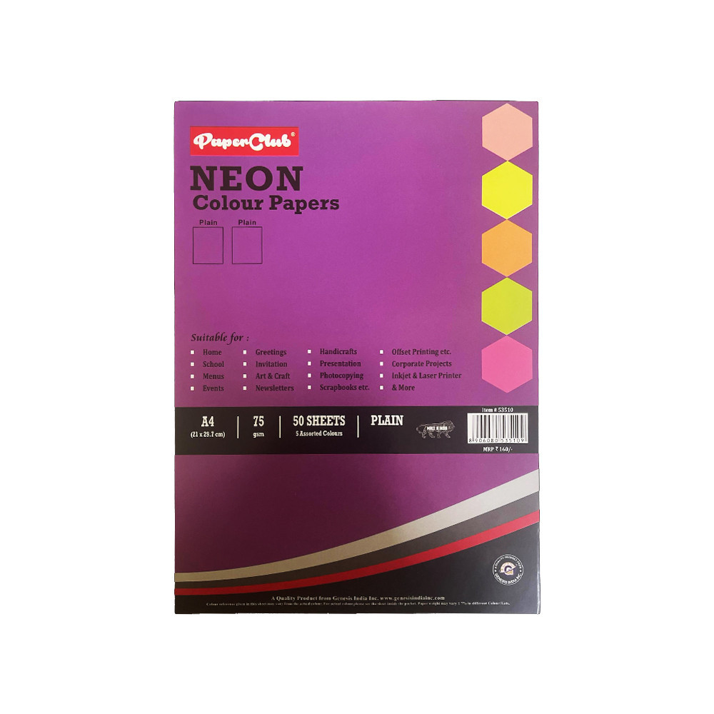 PaperClub Neon Color Paper, A4 size ( Plain Sheets)
